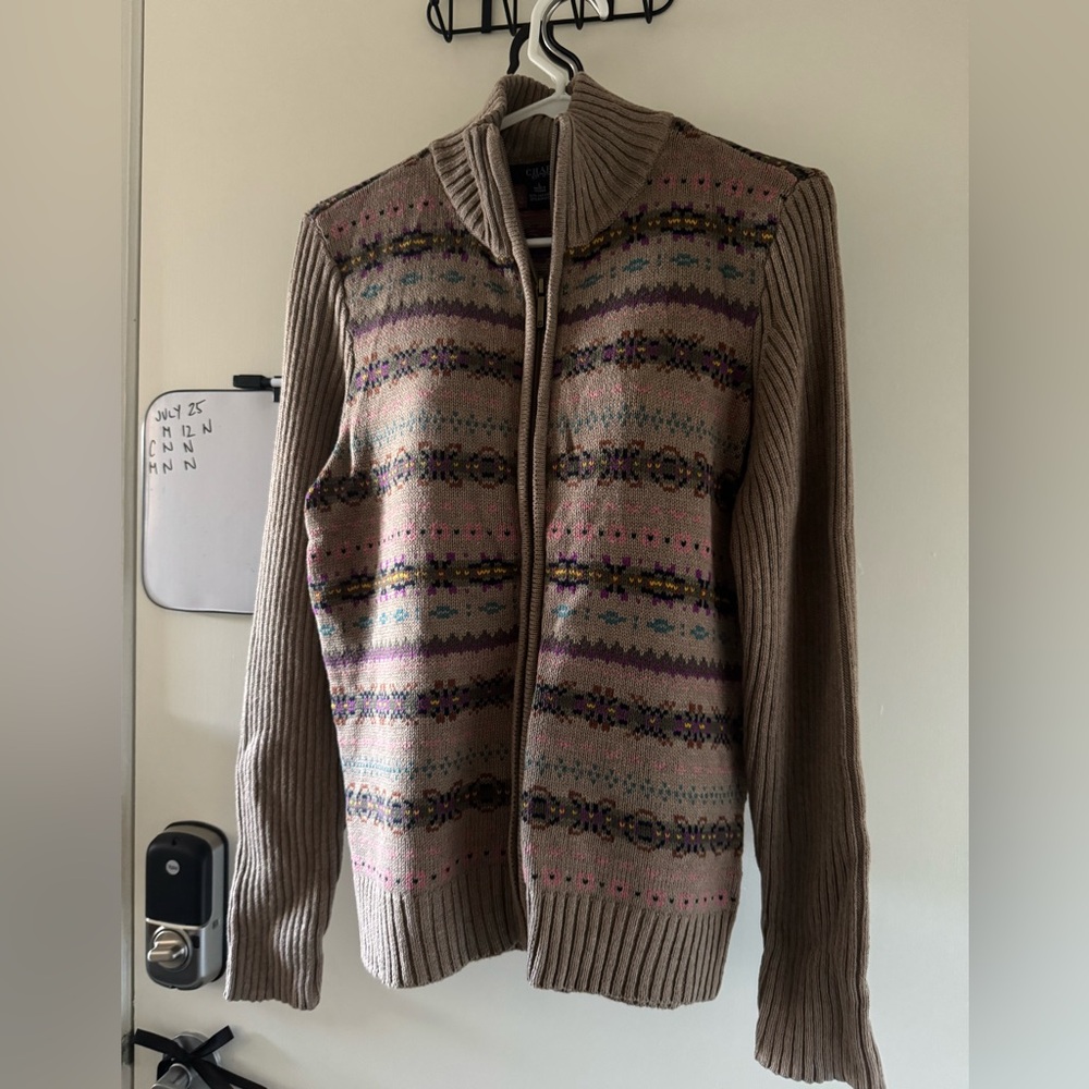 Chaps Beige and Multicolor Zip-Up Sweater
